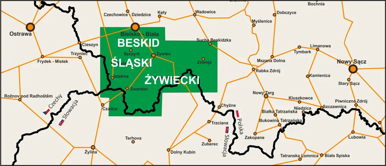 Mapa turystyczna z zaznaczonym obszarem Beskid Śląsko-Morawski, obejmującym m.in. Żywiec i Szczyrk.