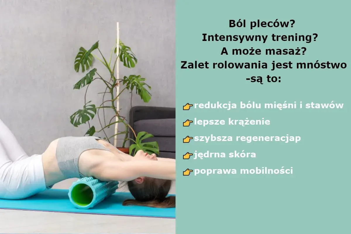 Kobieta ćwiczy z rollerem do pleców, który pomaga w redukcji bólu, poprawie krążenia i regeneracji.