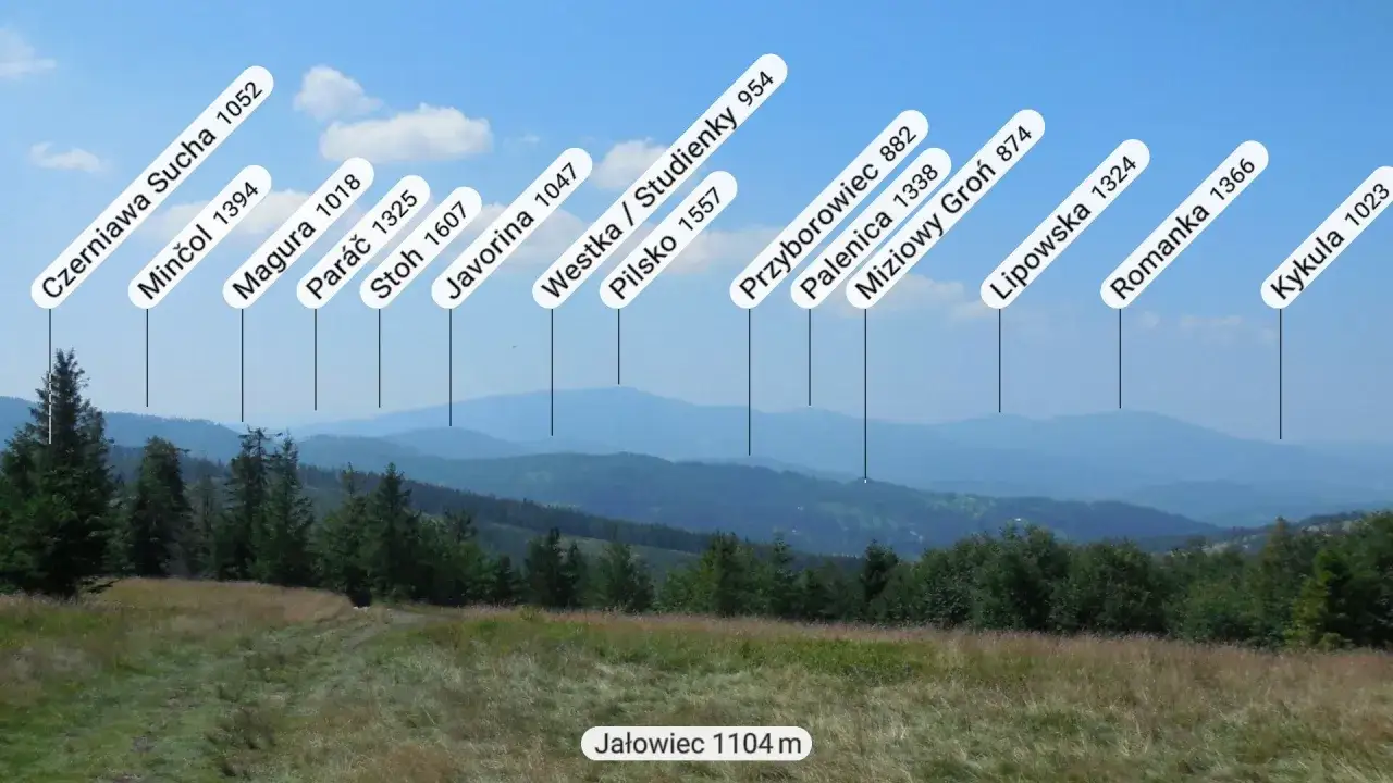 Widok na pasmo górskie z zaznaczonymi szczytami, w tym Jałowiec 1104 m. W oddali widać kolejne wzniesienia.