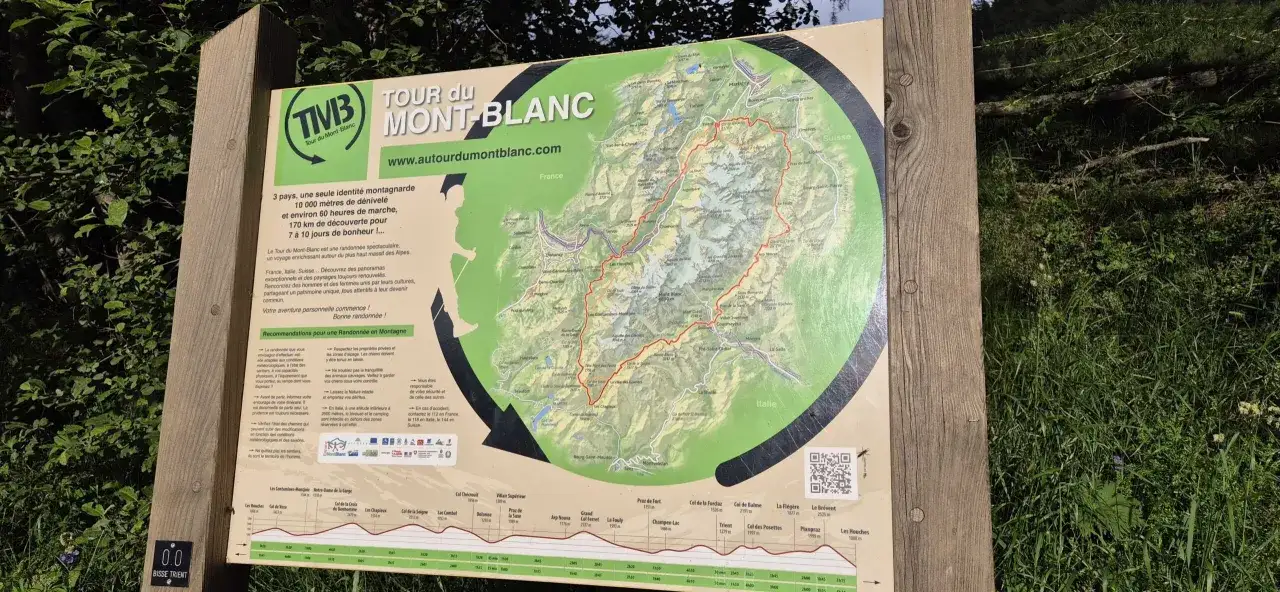 Mapa szlaku Tour du Mont Blanc: 170 km, 10 000 m przewyższenia, 60h marszu przez Francję, Włochy i Szwajcarię.