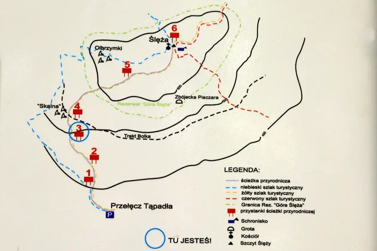 Mapa turystyczna Ślęży. Znajdź najładniejszy szlak na Ślężę, oznaczony różnymi kolorami, prowadzący przez rezerwat i punkty widokowe.