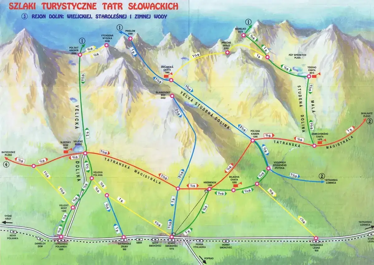 Mapa Tatr Słowackich z zaznaczonymi szlakami turystycznymi. Idealne tatry szlaki dla początkujących, z podziałem na doliny i czasy przejścia.