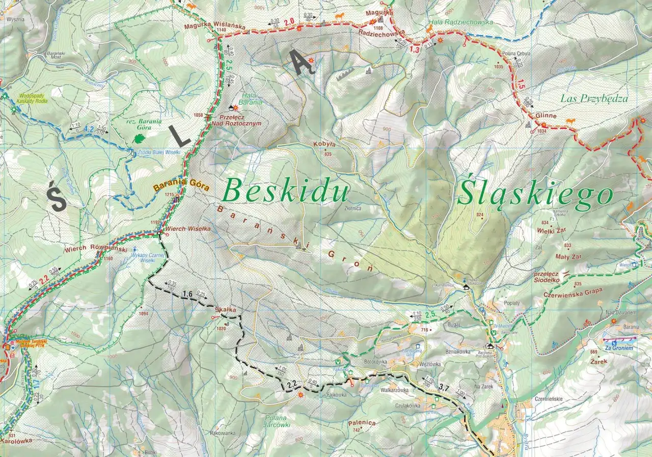 Mapa turystyczna Beskidu Śląsko-Morawskiego z zaznaczonymi szlakami, szczytami (Barania Góra, Wielki Żar) i punktami widokowymi.