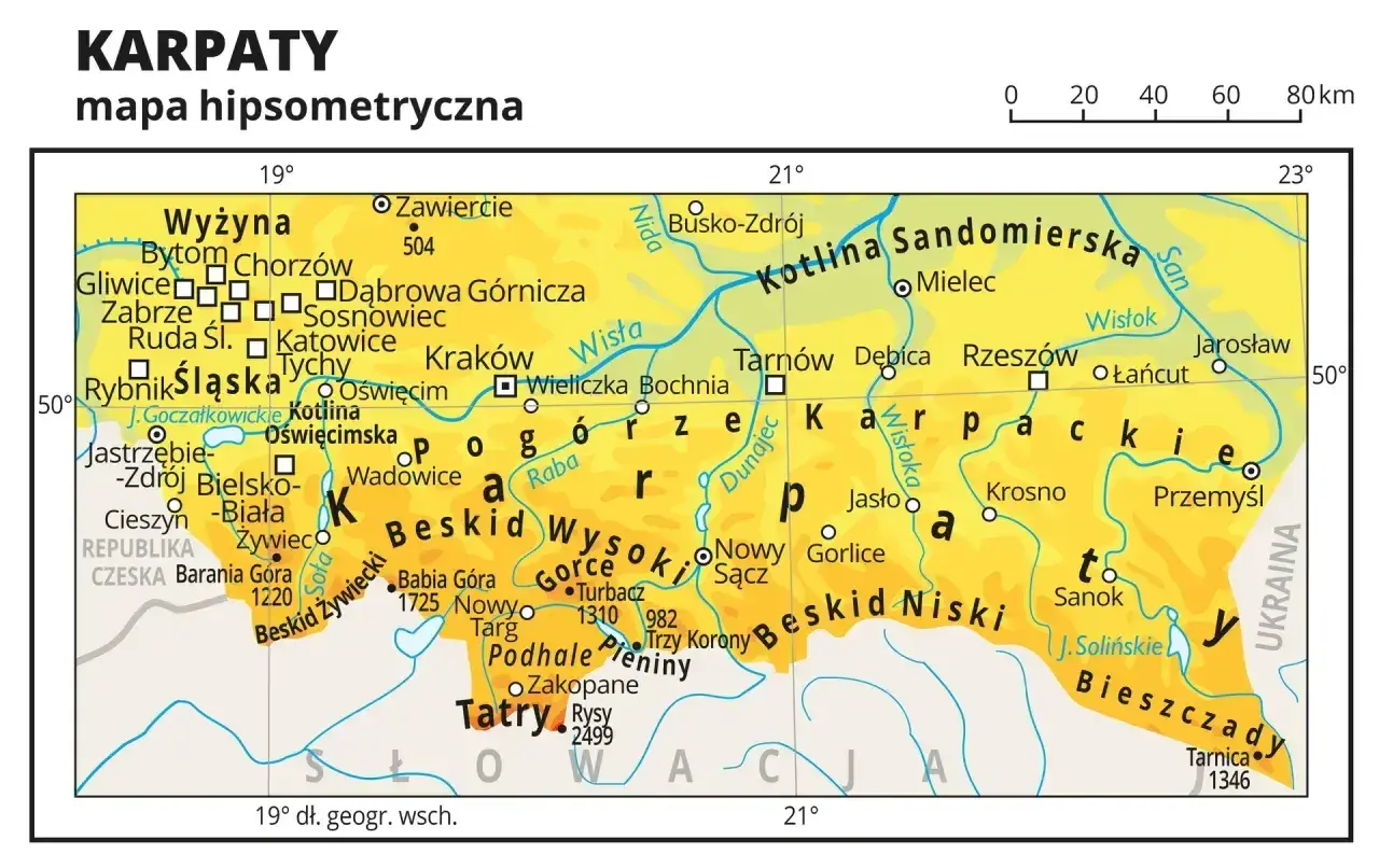 Mapa hipsometryczna Karpat z zaznaczonymi pasmami górskimi, takimi jak Beskid Środkowy, Tatry i Bieszczady.