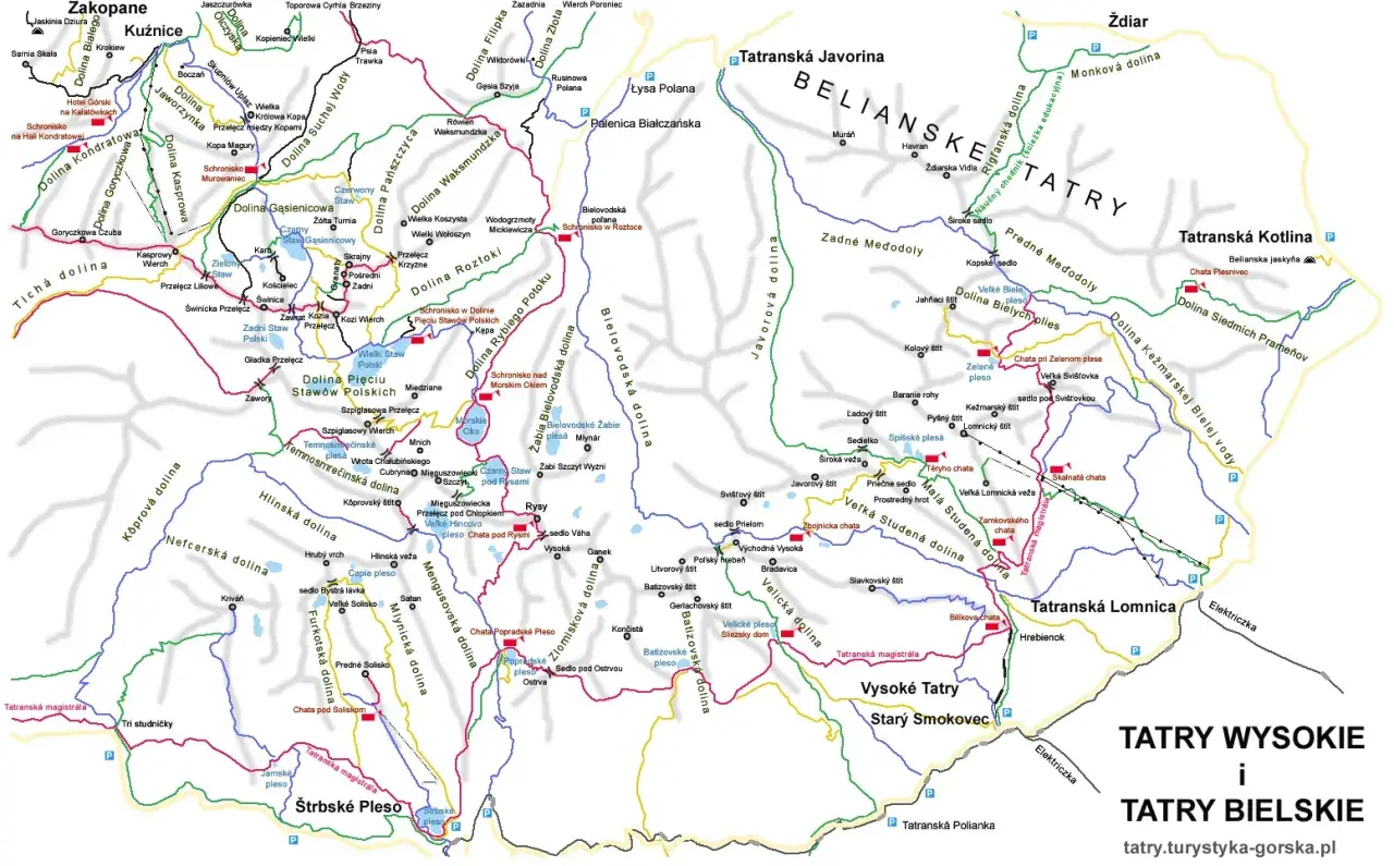 Mapa Tatr z zaznaczonymi szlakami, schroniskami i szczytami. Widoczna korona Tatr, w tym Gerlachowski i Łomnica.